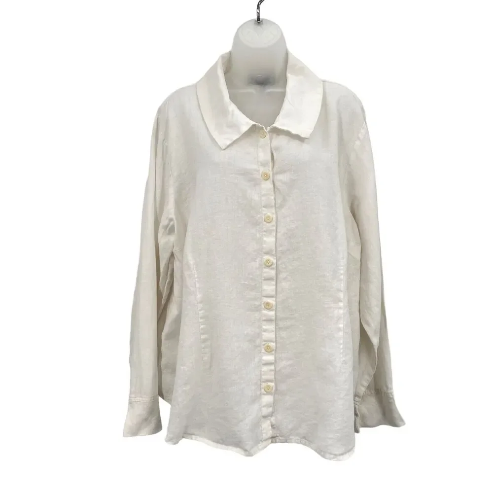 FLAX by Jeanne Engelhart Size 1G 1X White Button Down Shirt Lagenlook Top Linen - Picture 1 of 16